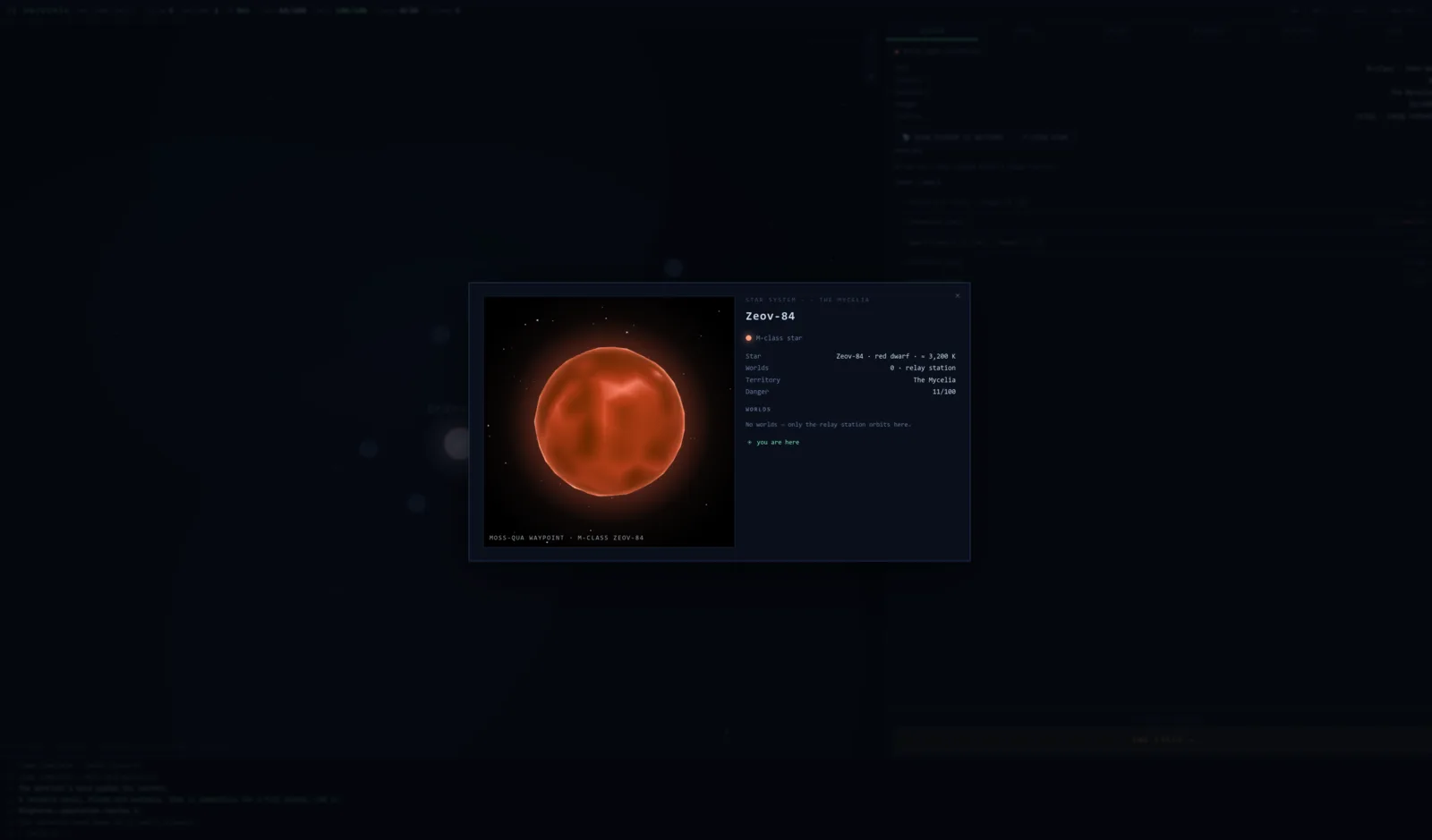 A star system from TS UNIVERSE — The Long Drift: Zeov-84, a red dwarf with a relay station, in the territory The Mycelia.